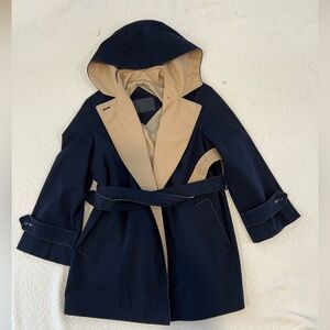 Vintage Etienne Aigner Navy & Tan Hooded Trench Coat - Leather Trim - Sz 10